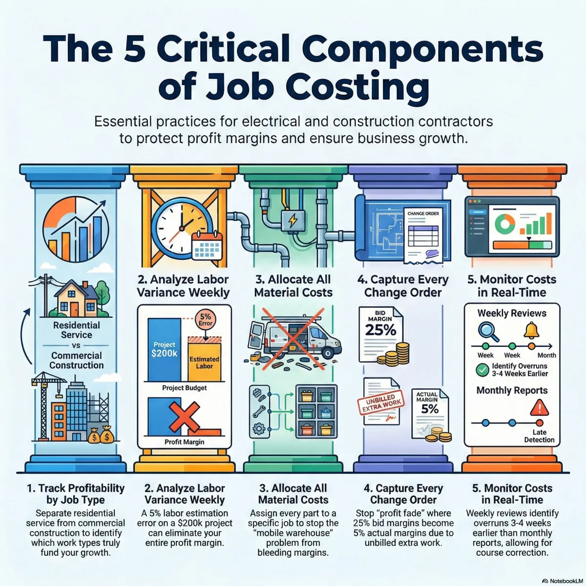 The 5 Critical Components of Job Costing infographic for electrical and construction contractors shown as five pillars: 1. Track Profitability by Job Type - separate residential service from commercial construction to identify which work types fund growth, 2. Analyze Labor Variance Weekly - shows 5% labor estimation error on $200k project can eliminate entire profit margin, 3. Allocate All Material Costs - assign every part to specific jobs to stop "mobile warehouse" problem from bleeding margins, illustrated with van and tools, 4. Capture Every Change Order - stop profit fade where 25% bid margins become 5% actual margins due to unbilled extra work, 5. Monitor Costs in Real-Time - weekly reviews identify overruns 3-4 weeks earlier than monthly reports allowing course correction.