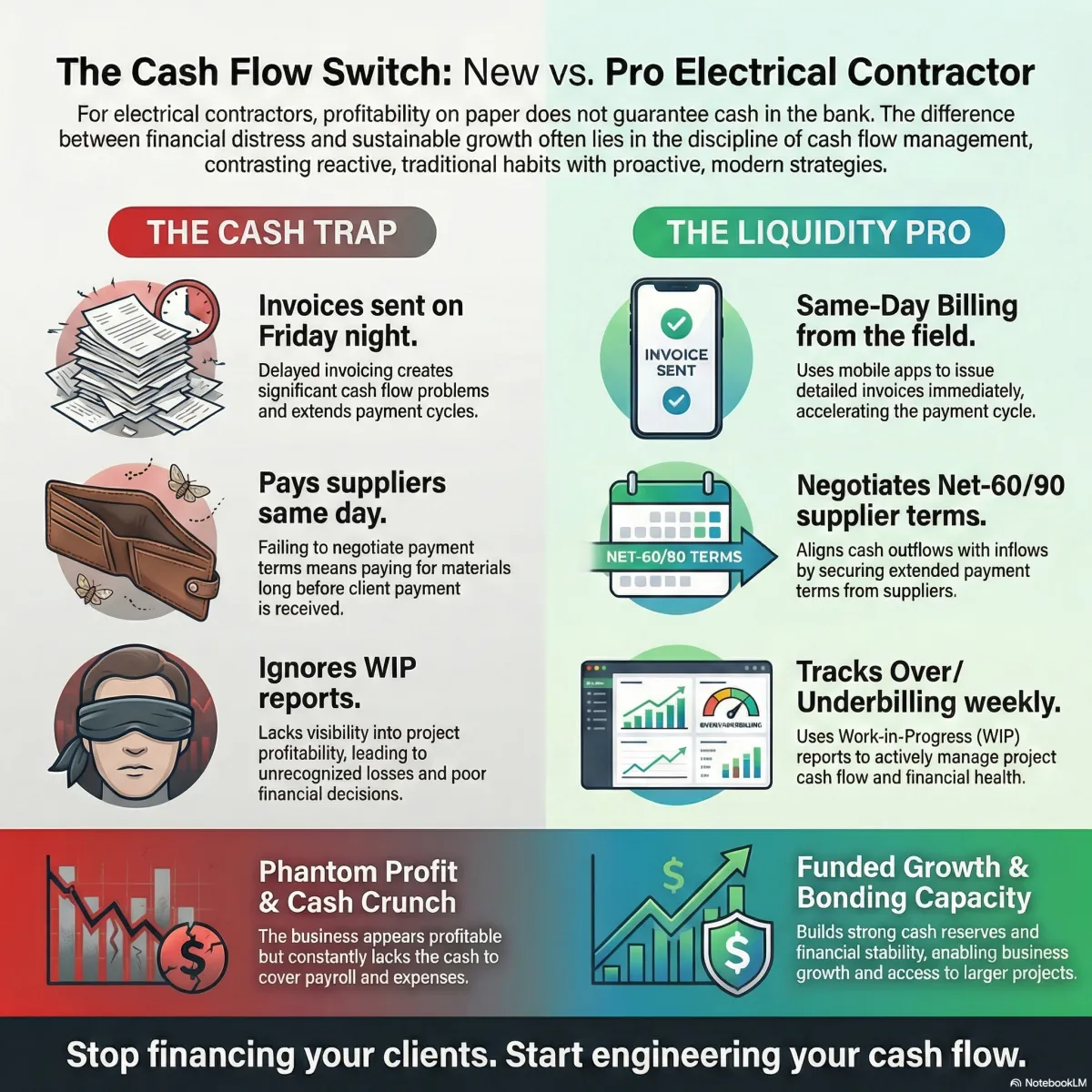 Cash flow comparison infographic for electrical contractors showing "The Cash Trap" versus "The Liquidity Pro." Cash Trap practices (red/negative): invoices sent Friday night causing delayed payment, paying suppliers same day without negotiating terms, ignoring WIP reports leading to poor financial decisions, resulting in phantom profit and cash crunch. Liquidity Pro practices (green/positive): same-day billing from the field using mobile apps, negotiating Net-60/90 supplier payment terms, tracking overbilling and underbilling weekly with WIP reports, resulting in funded growth and bonding capacity. Bottom text: Stop financing your clients. Start engineering your cash flow.