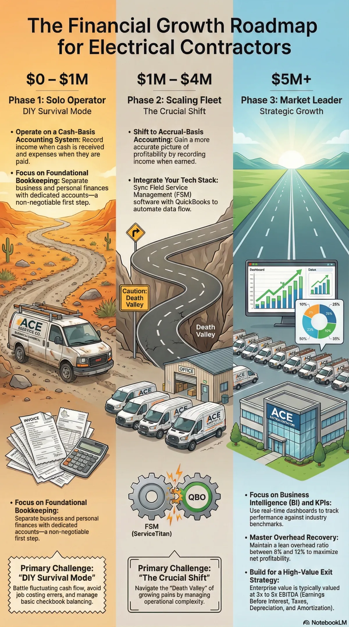 Financial growth roadmap infographic for electrical contractors showing three phases: Phase 1 ($0-$1M) Solo Operator using cash-basis accounting with foundational bookkeeping, illustrated with desert landscape and single van; Phase 2 ($1M-$4M) Scaling Fleet shifting to accrual accounting and integrating FSM with QuickBooks, showing "Death Valley" danger zone with caution sign and small fleet; Phase 3 ($5M+) Market Leader focused on business intelligence, KPIs, overhead recovery, and exit strategy planning, illustrated with corporate office building, large fleet, and growth dashboards showing revenue increase.