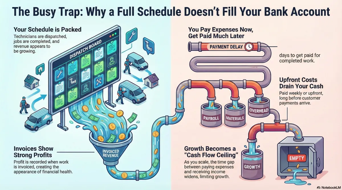 The Busy Trap infographic for plumbing contractors showing why a full schedule doesn't fill the bank account. Left side shows packed dispatch board with technicians completing jobs creating invoiced revenue and appearance of strong profits. Right side shows cash flow reality: payment delays of 30-90 days to get paid for completed work, upfront costs draining cash as payroll and materials are paid weekly before customer payments arrive, overhead expenses, and growth becoming a "cash flow ceiling" where the time gap between paying expenses and receiving income widens as the business scales, illustrated with plumbing pipes, funnels, and an empty safe.
