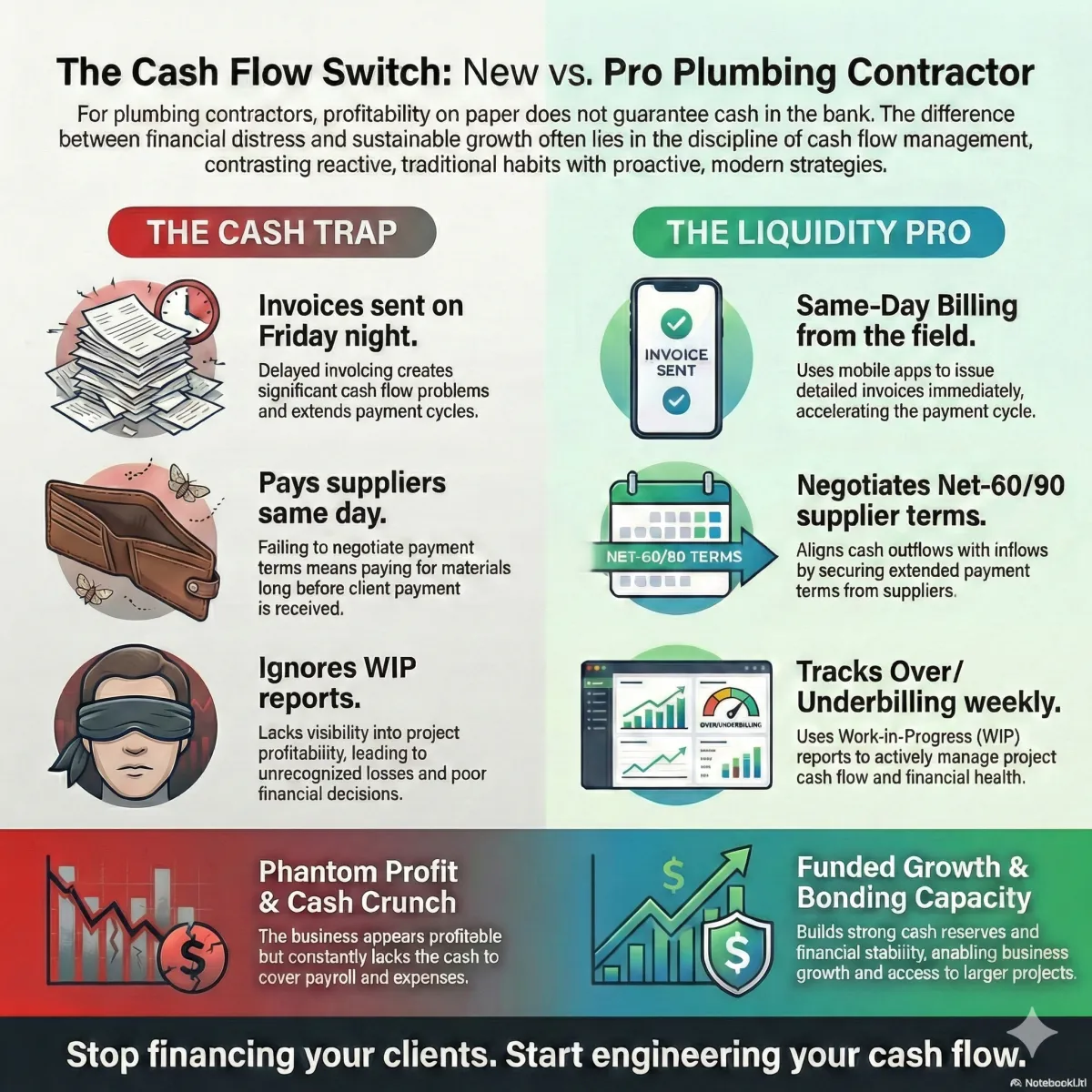 The Cash Flow Switch infographic comparing amateur versus professional plumbing contractor cash management. Left side shows The Cash Trap: delayed Friday night invoicing, paying plumbing suppliers immediately without terms negotiation, ignoring work-in-progress reports, leading to phantom profit but constant cash shortages despite appearing profitable on paper. Right side shows The Liquidity Pro: mobile same-day field billing, Net-60/90 payment terms with fixture and supply houses, weekly WIP tracking for large projects and repipes, building strong cash reserves and bonding capacity for commercial work. Tagline: Stop financing your clients' projects, start engineering your cash flow for sustainable plumbing business growth.