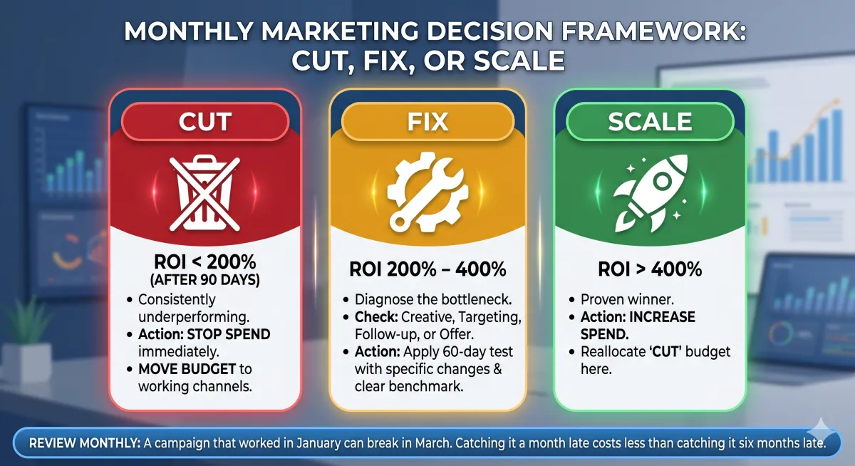 Monthly Marketing Decision Framework for contractors: Cut channels with ROI under 200% after 90 days, Fix channels between 200–400% with a 60-day test, Scale channels above 400% by increasing spend and reallocating cut budget