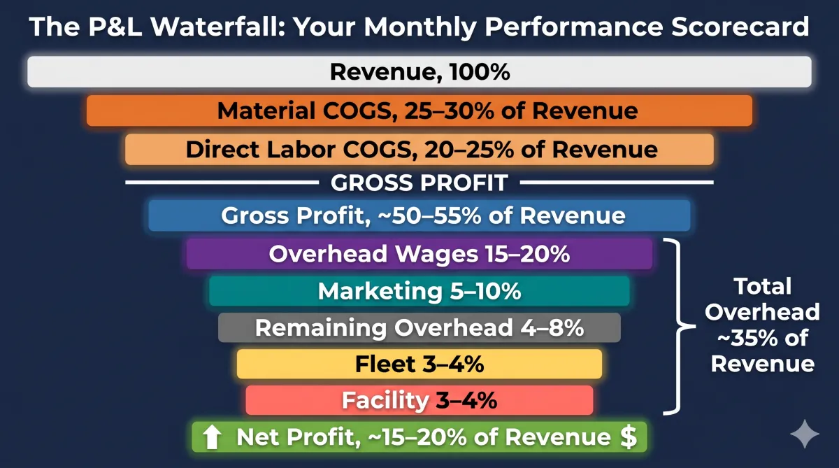 P&L Waterfall infographic titled The P&L Waterfall: Your Monthly Performance Scorecard, showing target percentages of revenue for each financial category in a tapering funnel shape from top to bottom: Revenue 100%, Material COGS 25–30%, Direct Labor COGS 20–25%, Gross Profit 50–55%, then five overhead categories grouped as Total Overhead at approximately 35% of revenue — Overhead Wages 15–20%, Marketing 5–10%, Remaining Overhead 4–8%, Fleet 3–4%, Facility 3–4% — flowing down to Net Profit of 15–20% of revenue in a green bar at the bottom