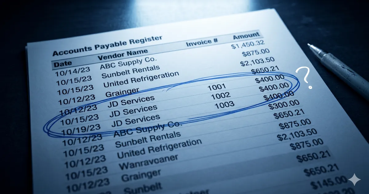 Accounts Payable Register on a dark surface illuminated by cold blue-white light, showing a vendor payment list with multiple suspicious entries for an unfamiliar vendor named JD Services circled in blue ink with a question mark — representing a fake vendor scheme discovered through contractor bookkeeping reconciliation