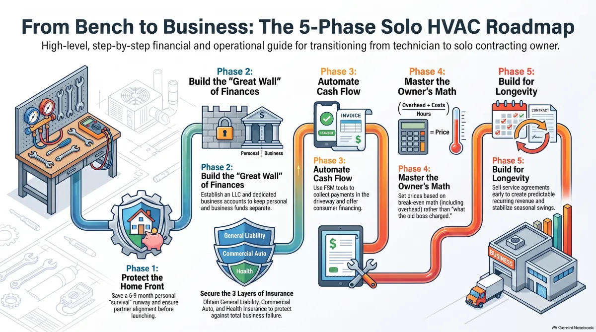 Five-phase roadmap for a solo HVAC contractor: protect the home front, capital and separation, cash flow, owner's math, longevity