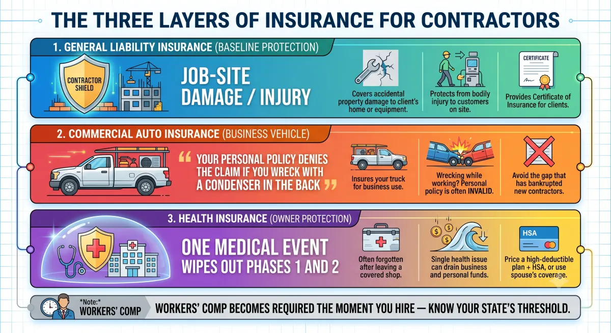 Three insurance layers for solo HVAC contractors: general liability, commercial auto, and health insurance
