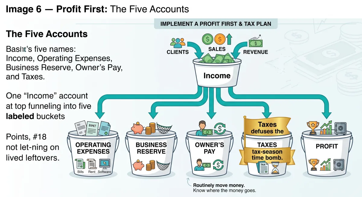 Profit First setup for HVAC contractors: income split into operating expenses, reserve, owner's pay, and taxes accounts
