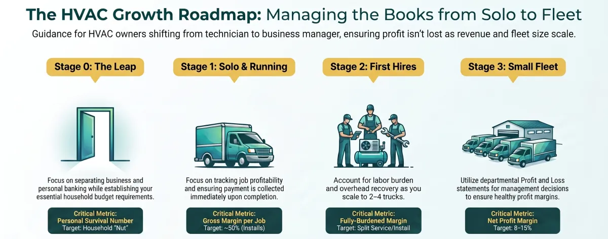 Four growth stages of an HVAC business from pre-launch to a 15-truck fleet