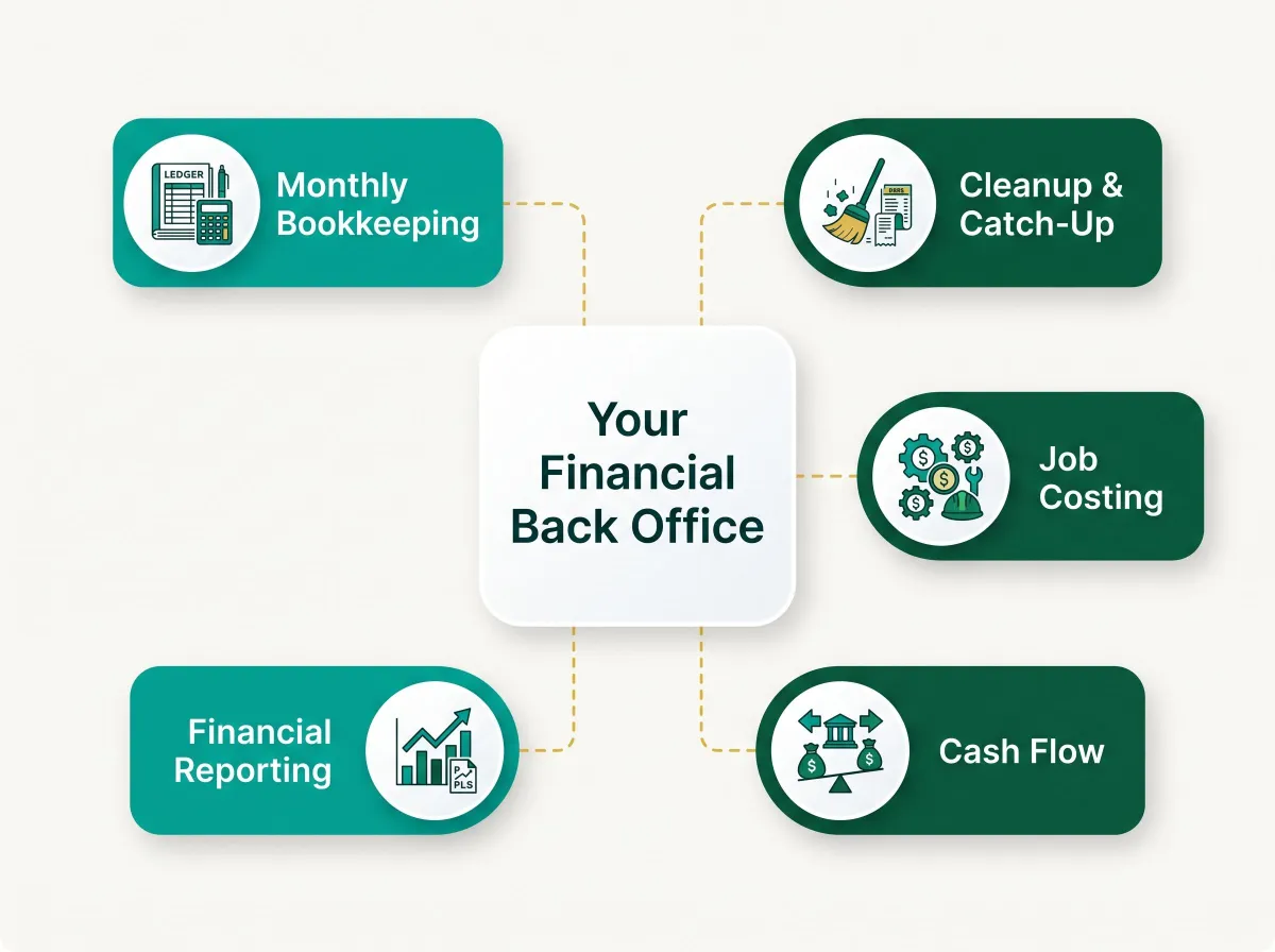 Accounting 4 Trades as a trades contractor's financial back office, connecting monthly bookkeeping, cleanup and catch-up, job costing, financial reporting, and cash flow.