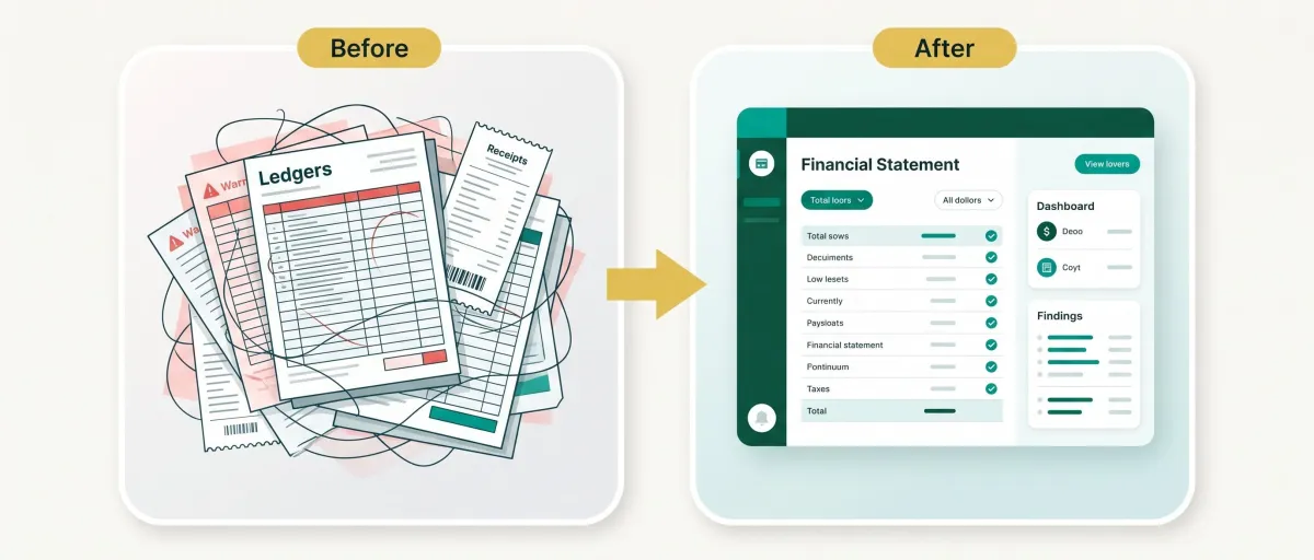 A messy, disorganized set of contractor books being transformed into clean, organized, accurate financial records.