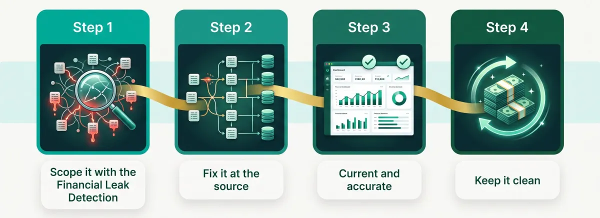 The four-step bookkeeping cleanup process at Accounting 4 Trades: scope the work with a Financial Leak Detection diagnostic, fix the books at the source, get current and accurate, then keep them clean with monthly bookkeeping.