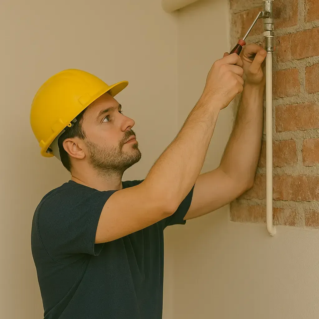 Technician performing preventive maintenance by tightening pipe fittings to ensure safe and efficient plumbing system.