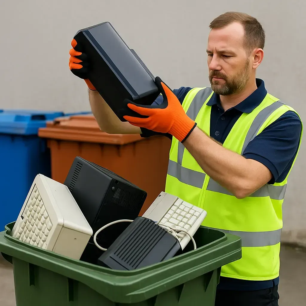Worker in safety vest placing e-waste into bin during rubbish removal, providing compliant and sustainable waste disposal services.