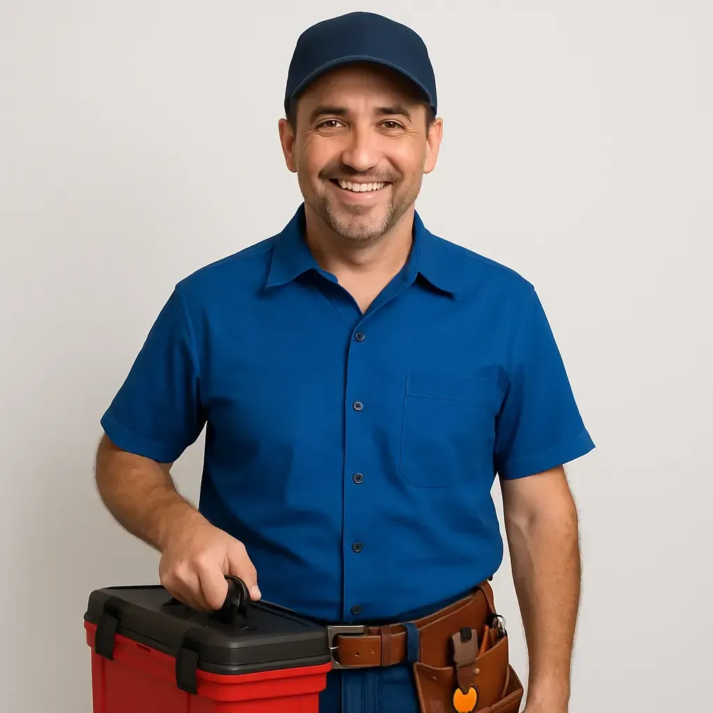 Professional handyman in blue uniform with toolbox, offering reliable handyman services.