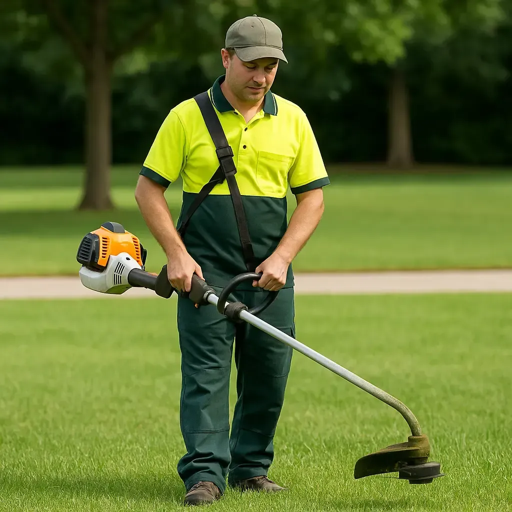 Grounds maintenance worker using grass trimmer in commercial outdoor space, ensuring lawn care and facility landscape upkeep.