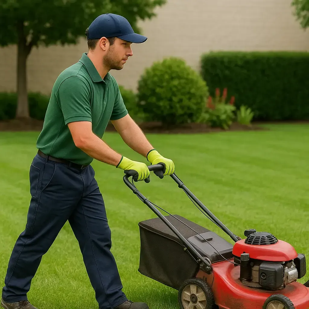 Worker mowing lawn as part of Outdoor and Garden Services, ensuring attractive and compliant commercial grounds maintenance.
