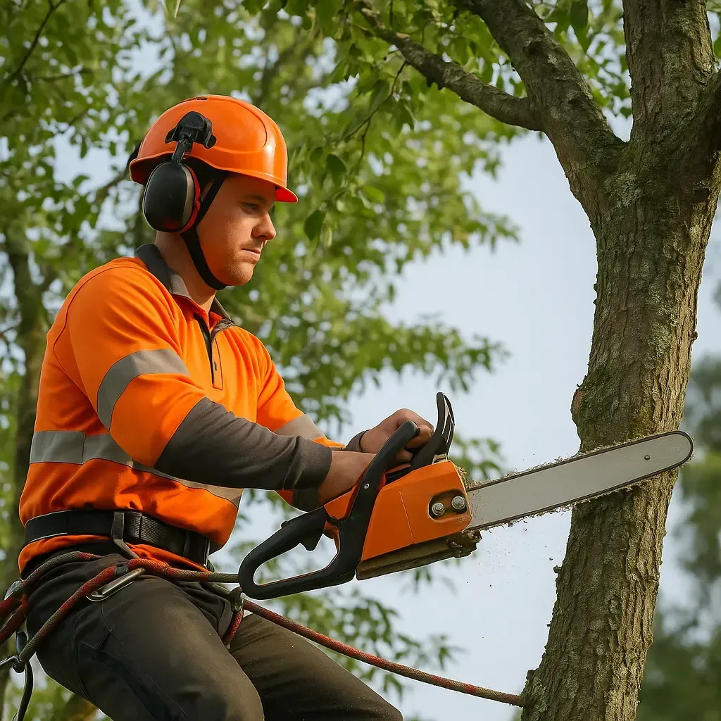 Worker using chainsaw to cut tree branch as part of safe and compliant tree work services in Australia.