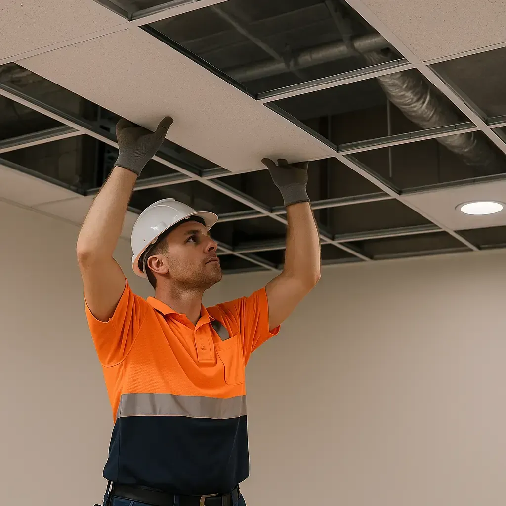 Worker installing ceiling panels with precision tools, delivering professional ceiling installation services for commercial and government facilities.