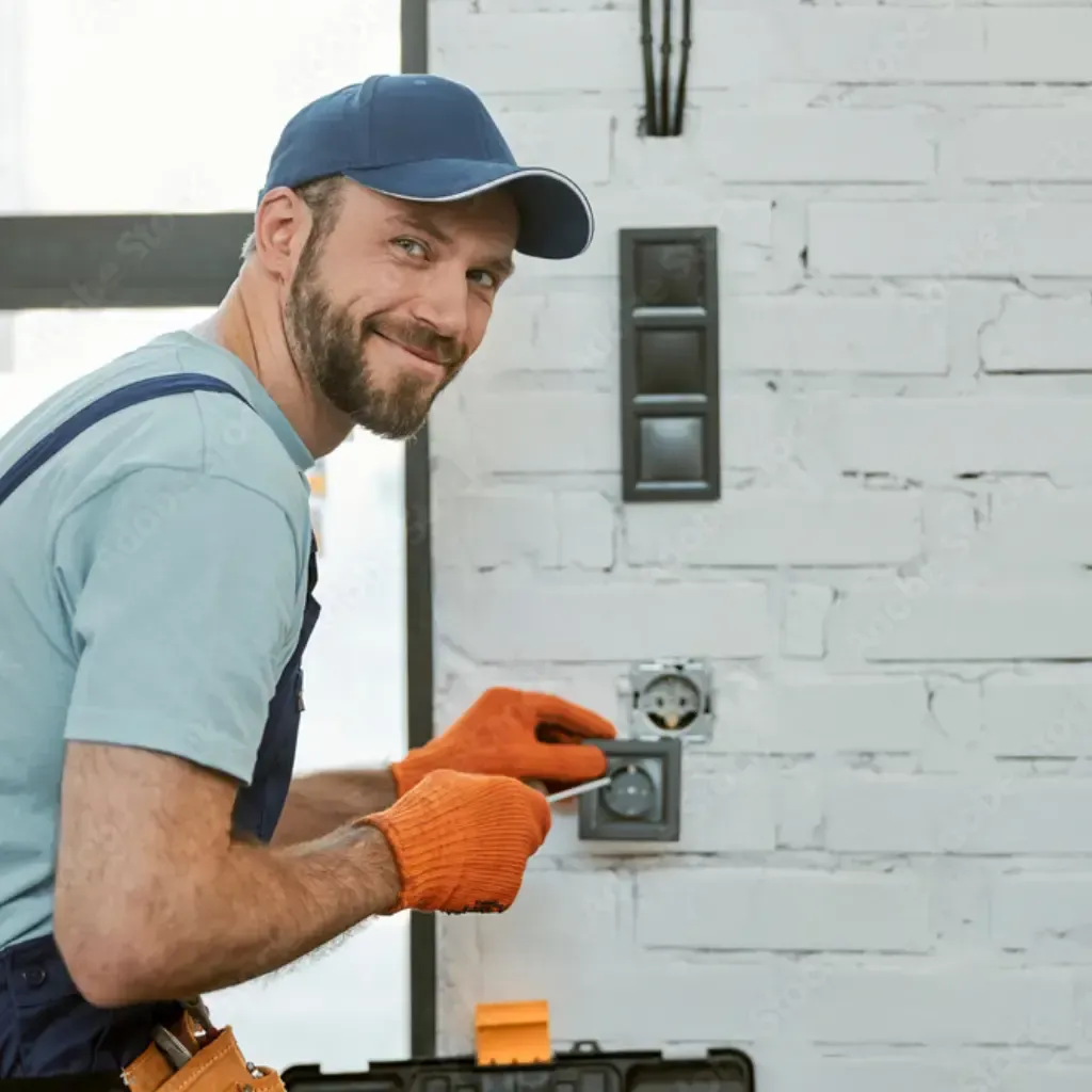 Professional electrician in uniform installing wall socket – residential and commercial electrical services in Australia