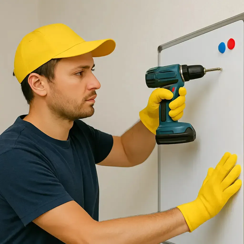 Technician using a drill to install a noticeboard, providing efficient miscellaneous services for police and government facilities.