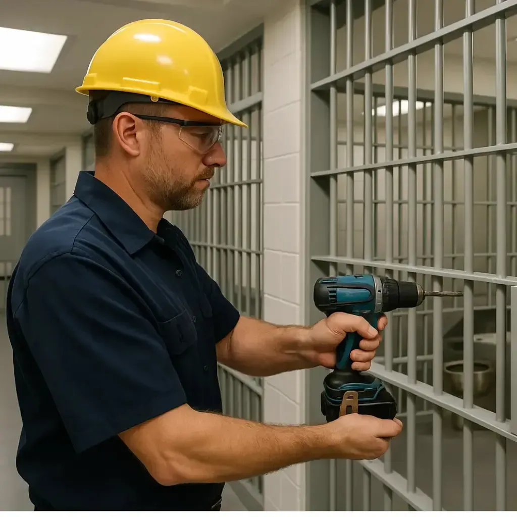 Worker using drill on security bars in facility, part of FacServ’s specialise services in Australia.