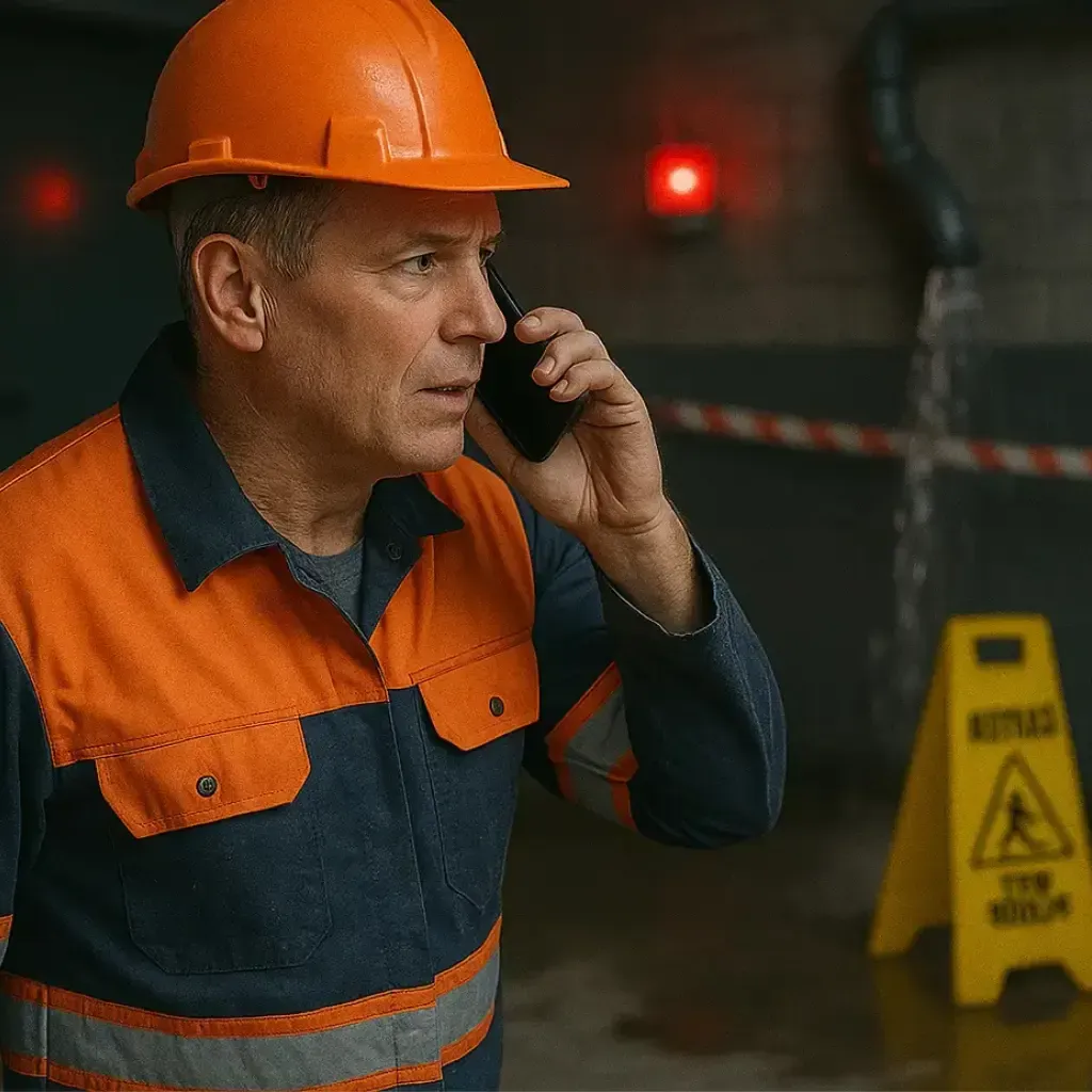 Construction worker in safety gear calling for emergency services during water leak incident in a commercial facility.