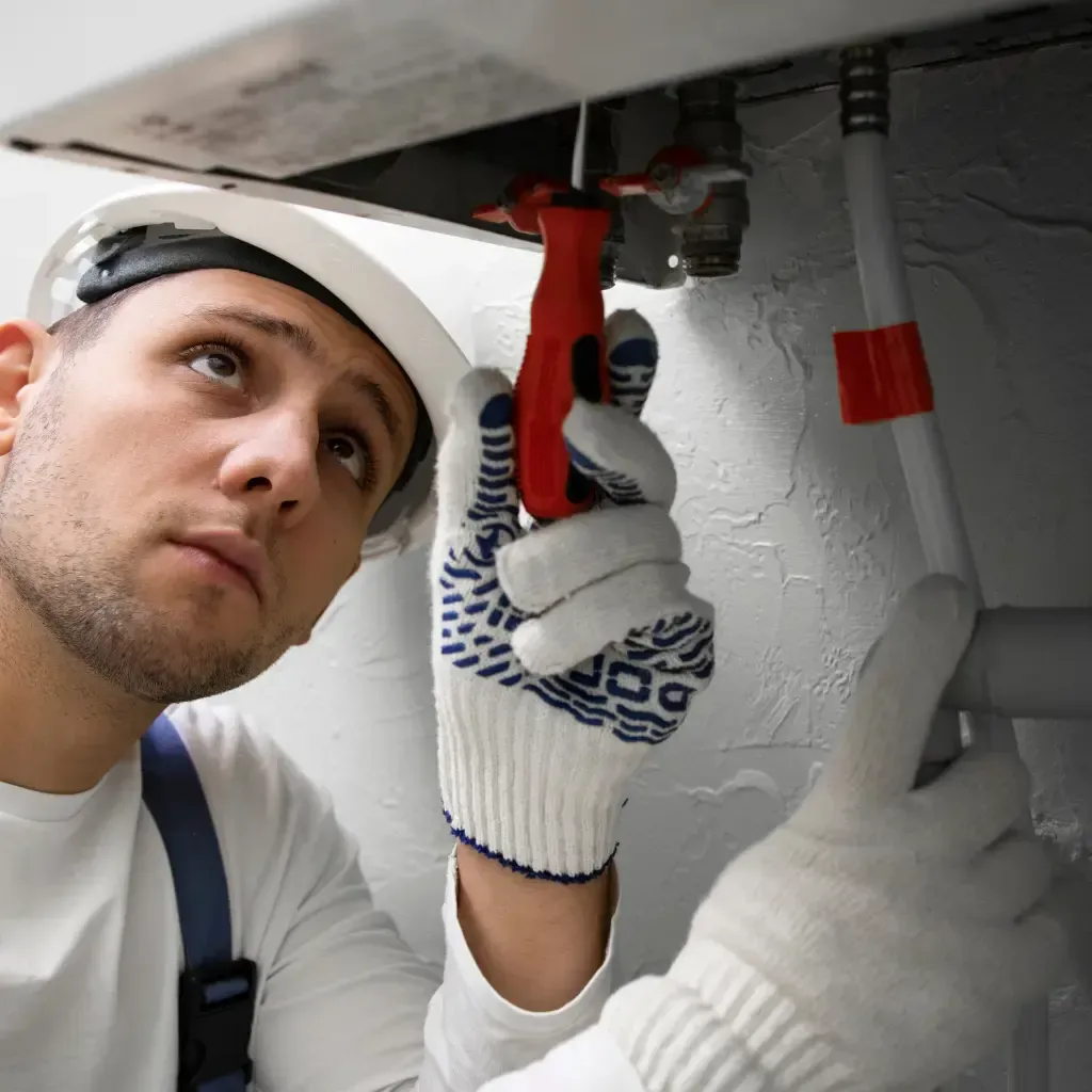 Plumber in safety gear using wrench to fix pipe during maintenance, professional plumbing services for repairs and installations.