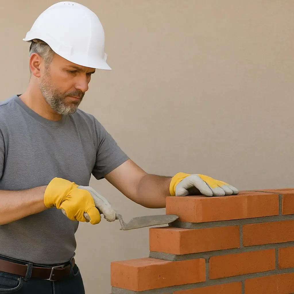 Masonry worker laying red bricks with trowel, providing professional masonry and painting services for commercial and government facilities.
