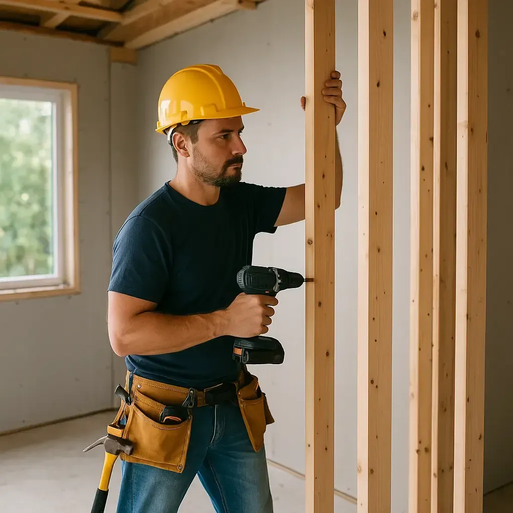 Construction worker using drill on wooden framing during building project, part of General Contracting Services.