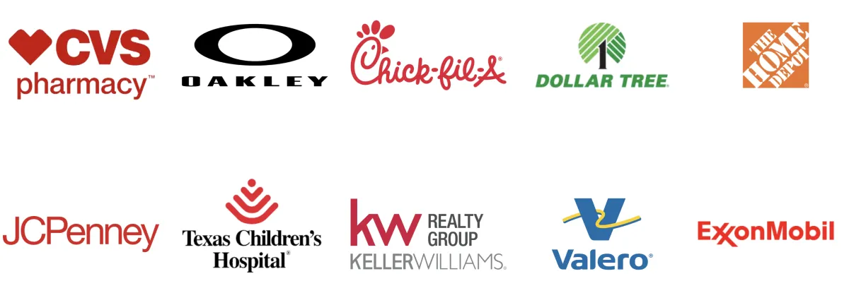 Logos of major brands including CVS Pharmacy, Oakley, Chick-fil-A, Dollar Tree, The Home Depot, JCPenney, Texas Children’s Hospital, Keller Williams Realty, Valero, and ExxonMobil – corporate clients and partnerships with Dynamic Celebrations.