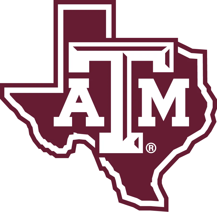 Texas A&M University logo in Aggie Maroon featuring the ATM lettering over the state of Texas outline, representing the spirit and tradition of Aggieland in College Station, Texas.