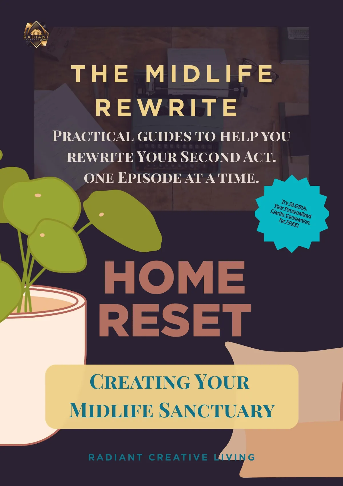 Midlife Rewrite Home Reset guide cover featuring a cozy bedroom scene and the Radiant Creative Living logo, promoting practical steps to transform living spaces during midlife transitions.