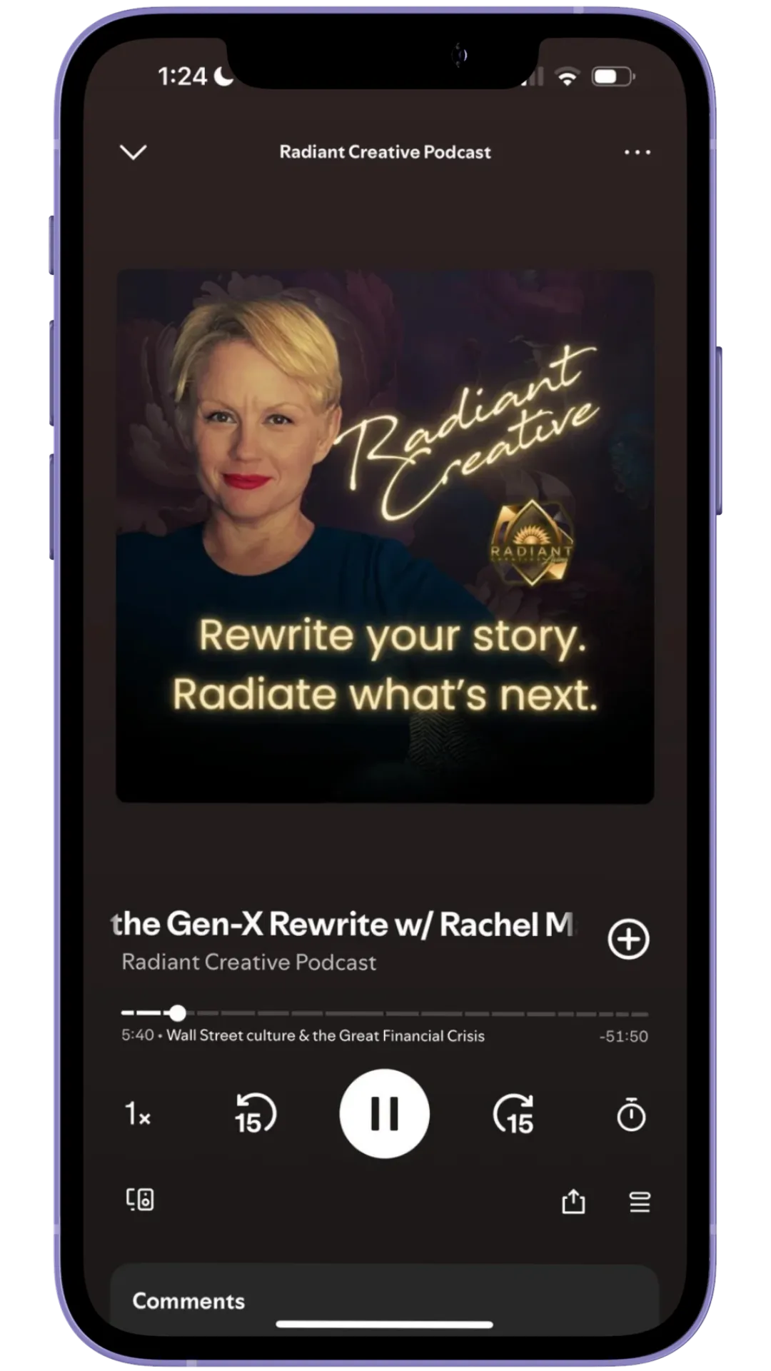 iphone mockup of The Radiant Creative Podcast on Spotify