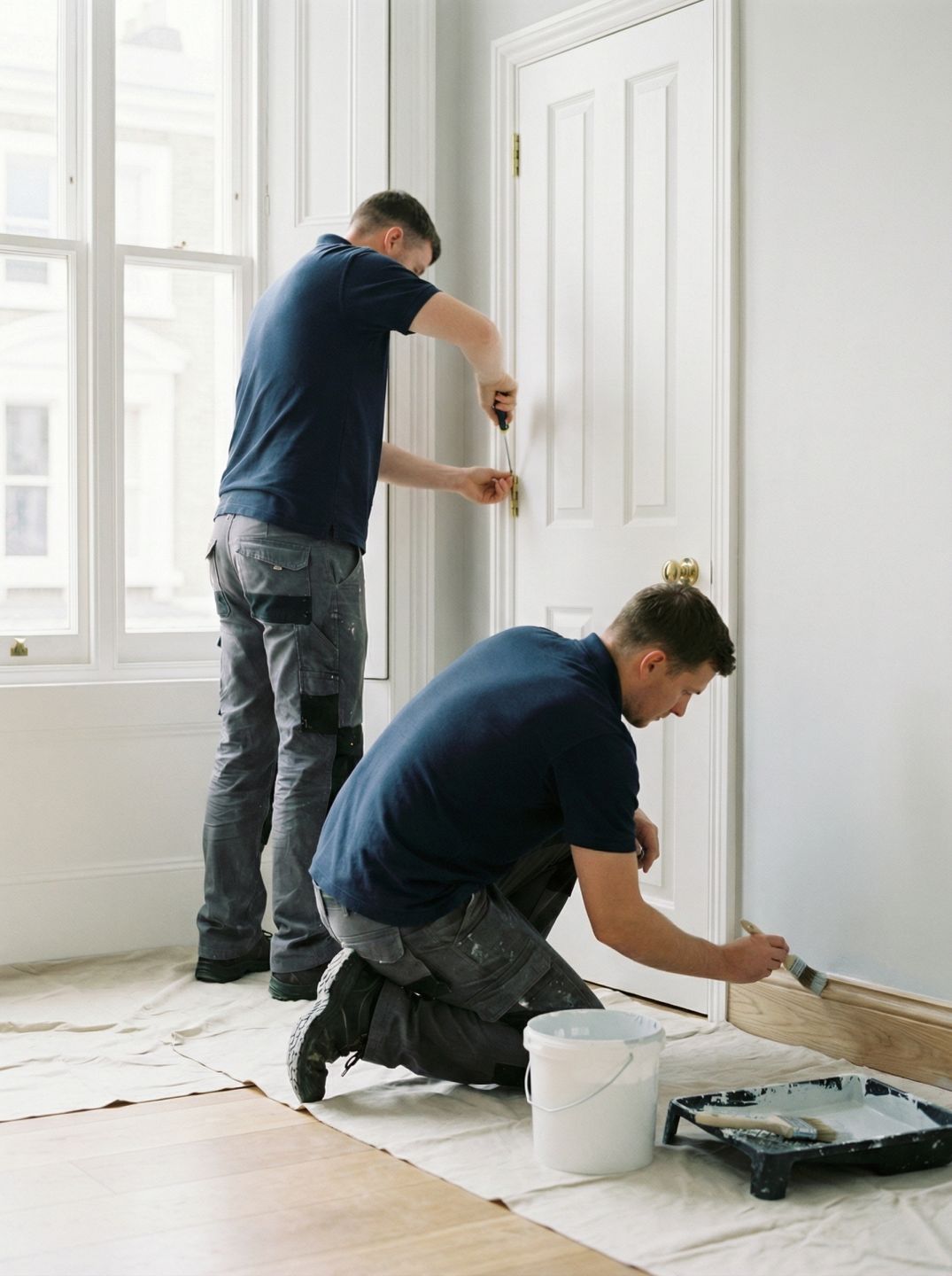 two man fixing a door and paint skirting board