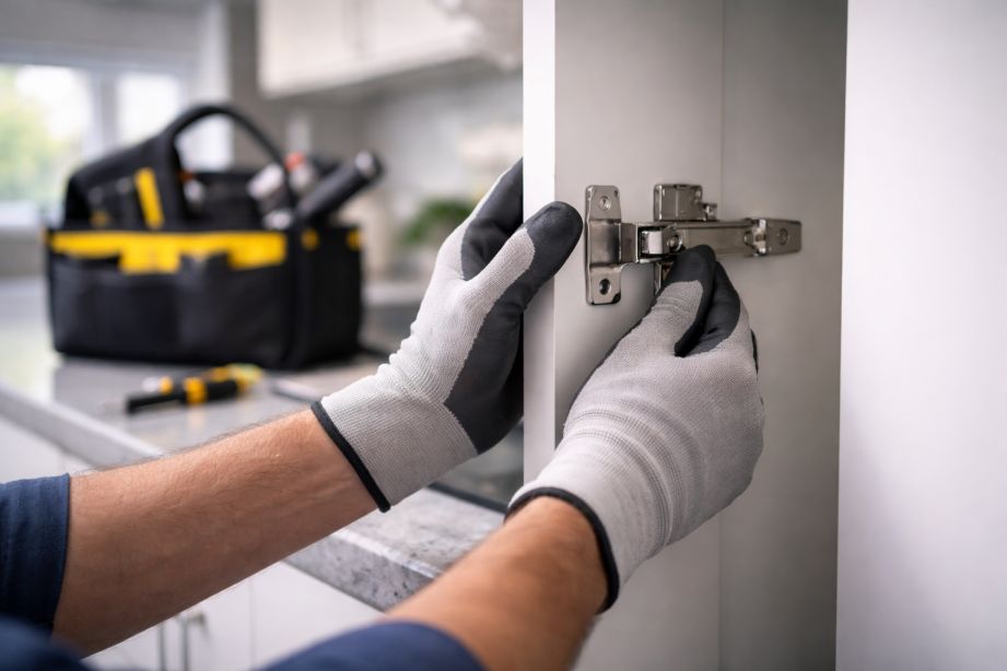 man fixing door hinge