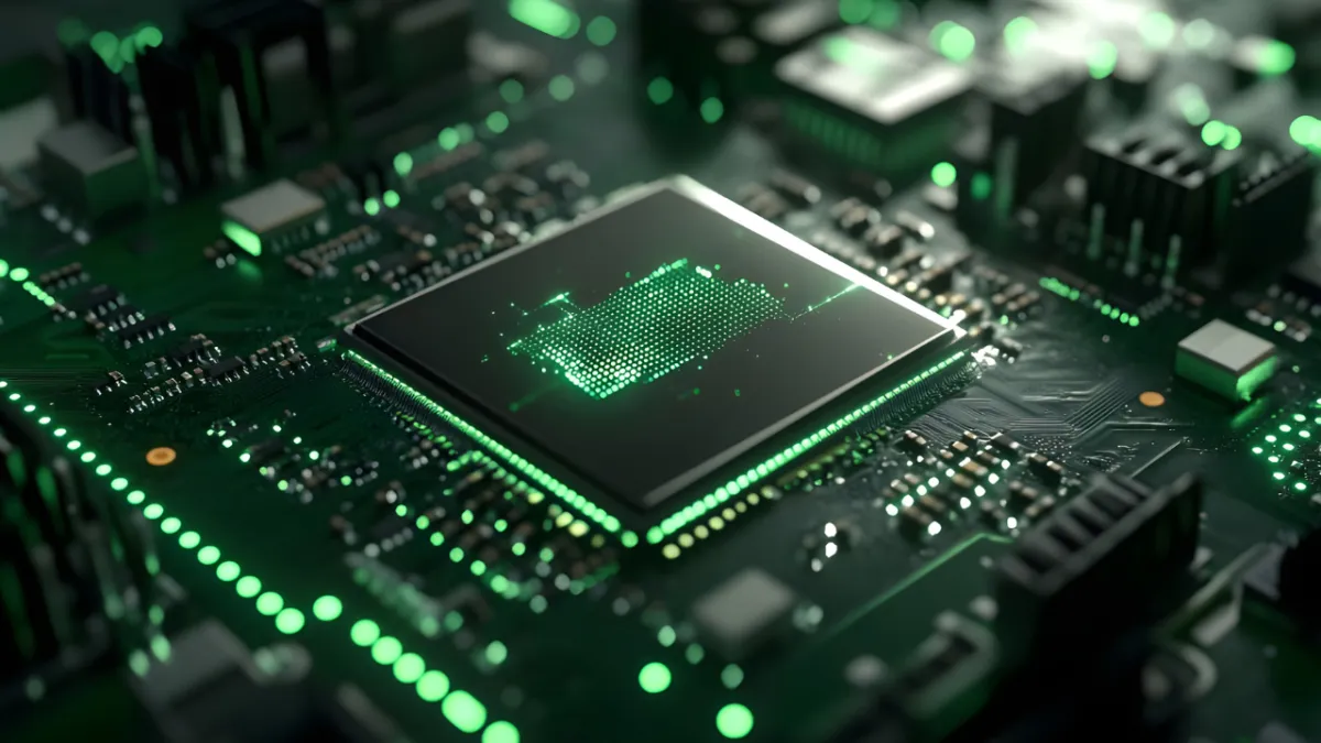 Glowing green computer microchip circuit board representing systems and business structure