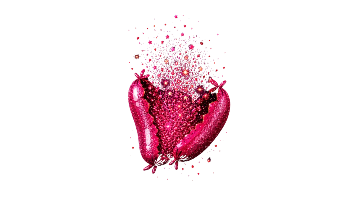 A hot pink sparkly sausage is bursting open with glitter