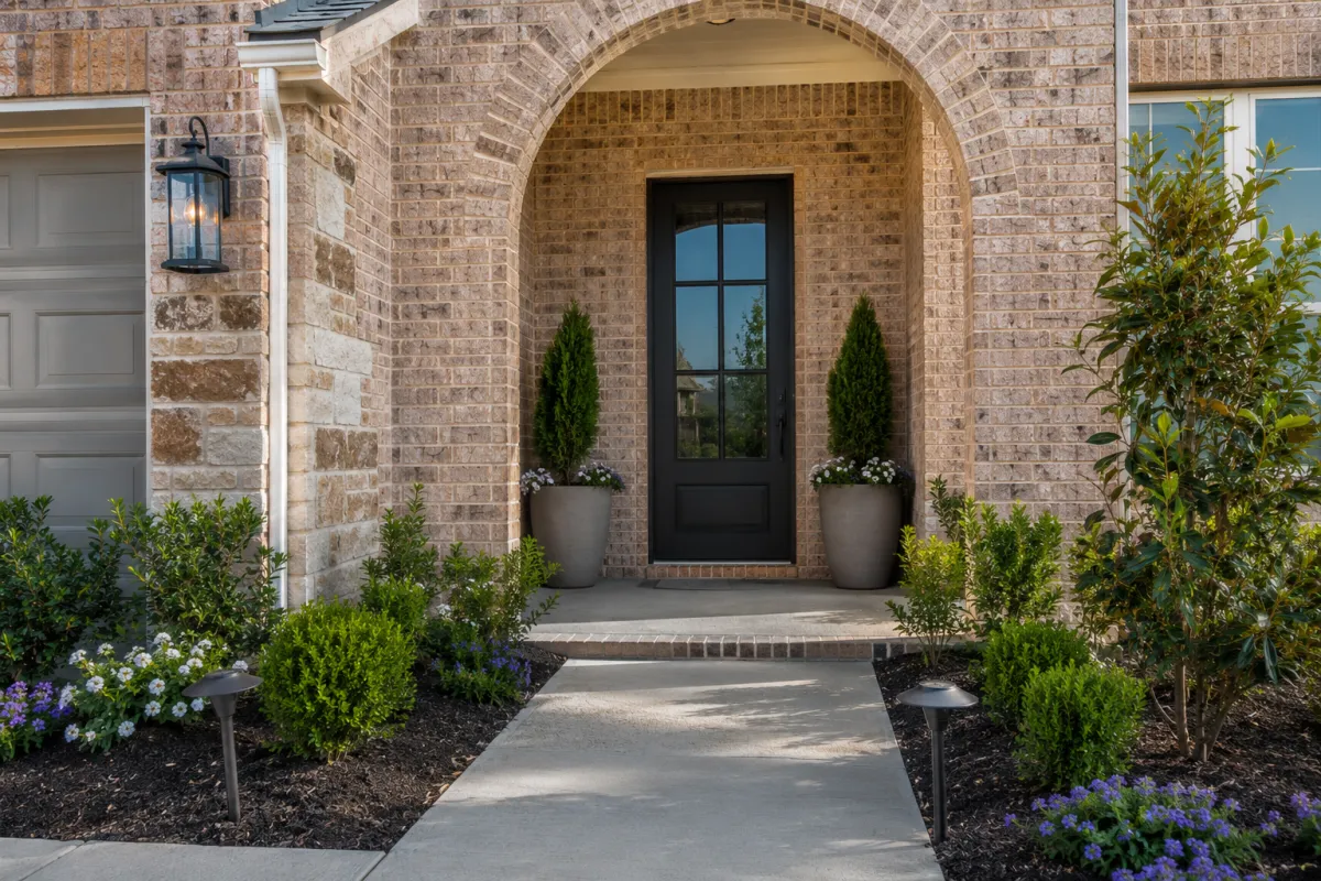 Welcoming front entrance of a Celina, TX home with fresh landscaping, prepped for sale