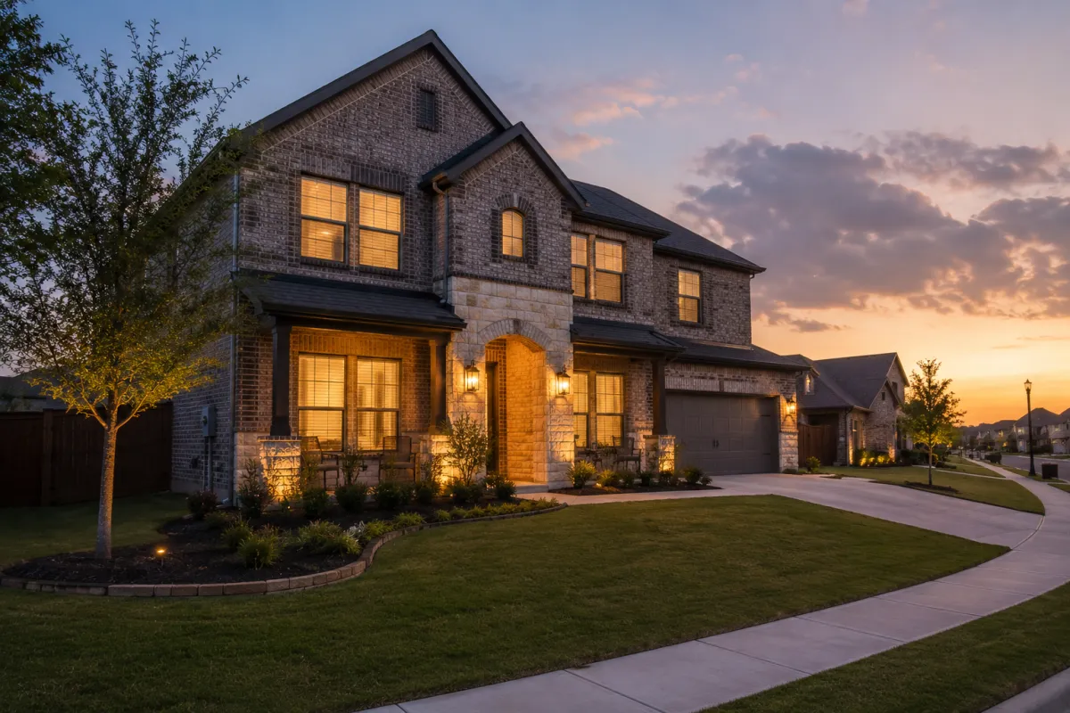 Two-story brick home in a Celina, TX neighborhood at golden-hour dusk with warm window glow