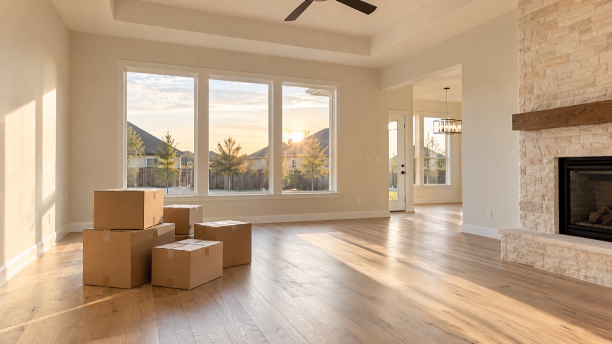 Empty living room in a newer Texas home with packed moving boxes and warm afternoon light