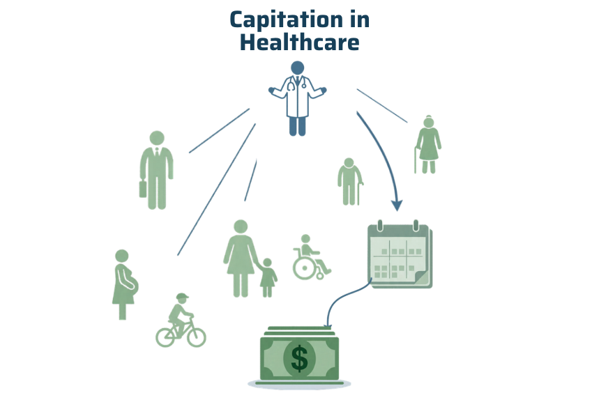 Diagram showing how capitation payments flow from CMS to a Medicare Advantage carrier and on to a primary care provider group