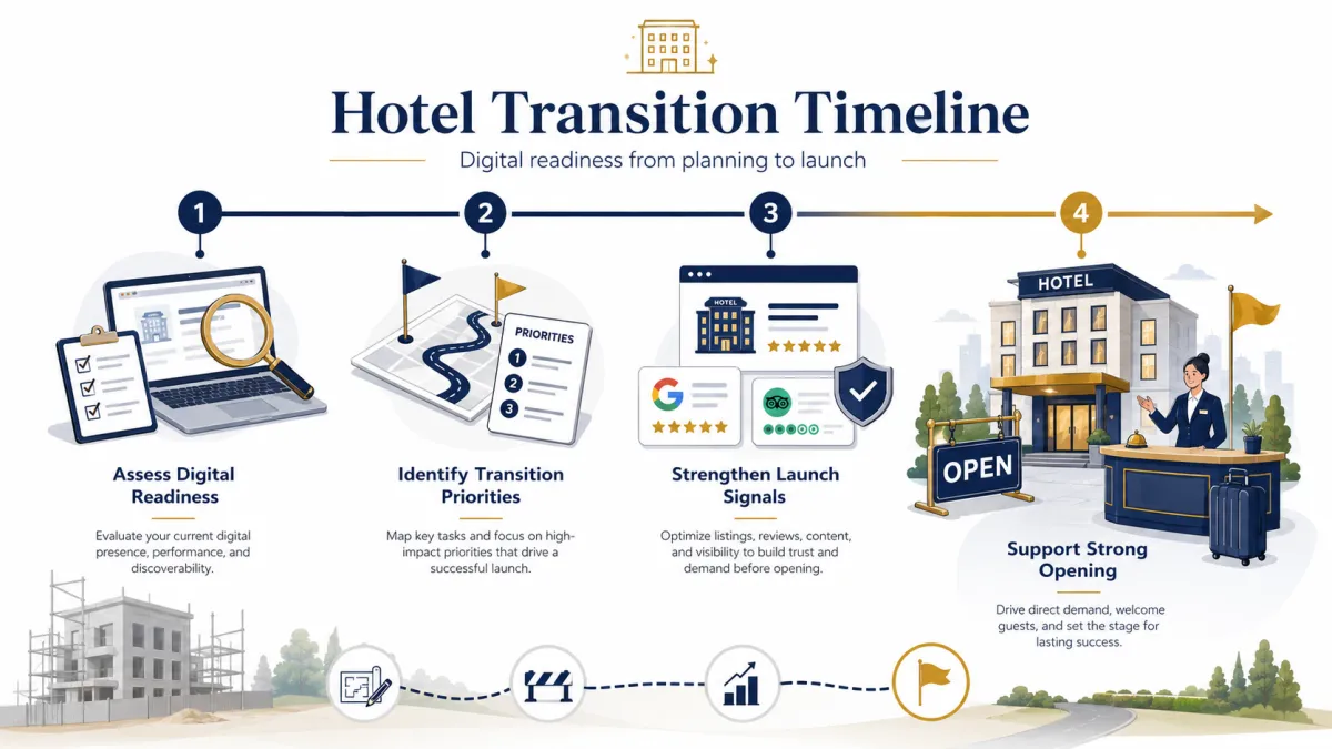 Hotel openings and conversions timeline showing digital readiness, local listing updates, launch signals, and hospitality marketing support.