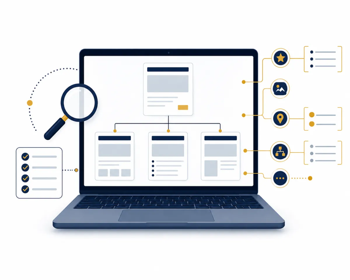 Illustration of a website schema markup review with a laptop, checklist, magnifying glass, and structured data connections