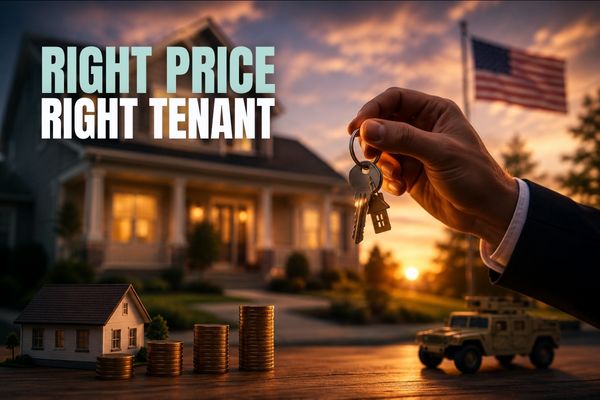 Cinematic image of a hand holding house keys in front of a suburban home at sunset with stacked coins, a miniature house, and a military vehicle symbolizing rental investment and military property ownership in Jacksonville, NC.