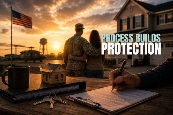 Military couple in front of suburban home at sunset while documents are signed on table with house model and keys, representing structured rental management.