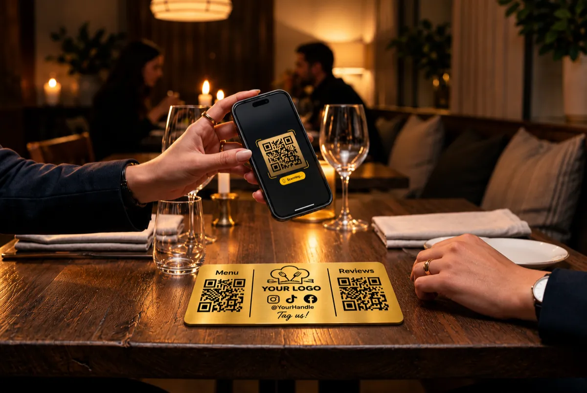 Customer holding smartphone scanning tabletop plaque with instant camera autofocus