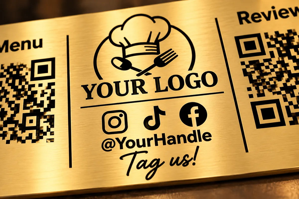 Tabletop growth plaque showcasing custom social media handles and NFC chip