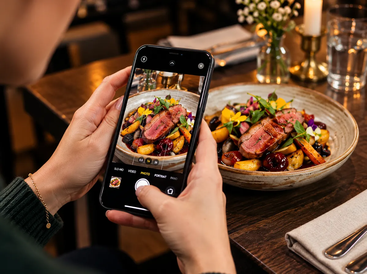 Customer taking an aesthetic photo of food and restaurant plaque with smartphone