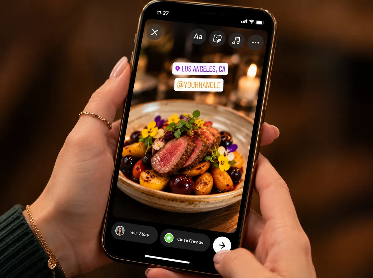 Smartphone showing published Instagram story with restaurant tag and location sticker
