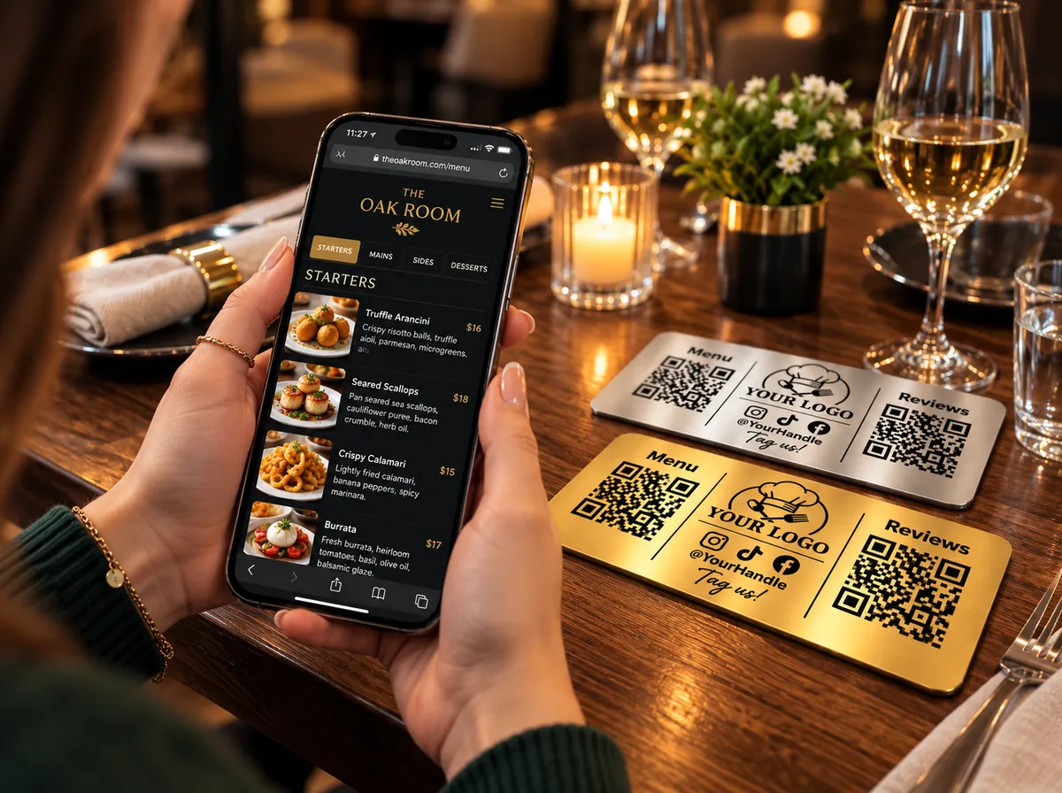 Customer holding smartphone scanning the QR plaque